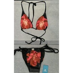 CUPSHE Floral Triangle Bikini Set Sz M Black/Red Tie Side Swimwear NWT